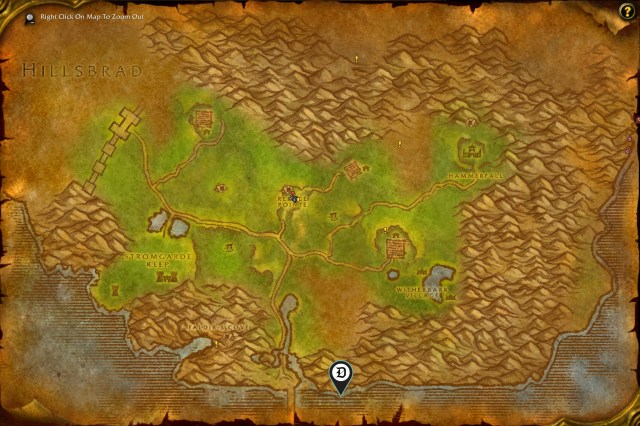 WoW screenshot of the Arathi Highlands map with a marker of the rowboat location