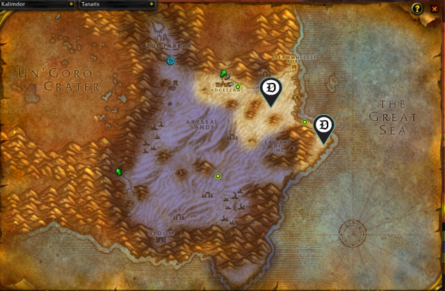 Map of Tanaris, showing best Mageweave farming spots.