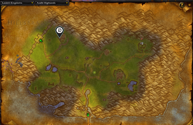 Map of Arathi Highlands, showing where to continue the Survival Instincts Rune quest