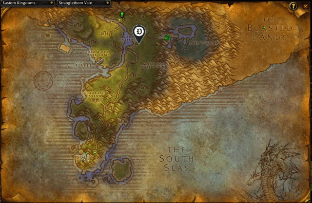 Map of Stranglethorn Vale, showing where to continue the Survival Instincts Rune quest