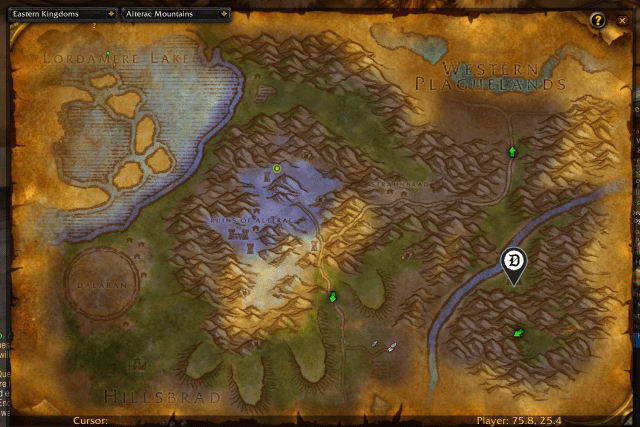 Map of Alterac Mountains, showing the exact location of Maelstrom Weapon NPC.