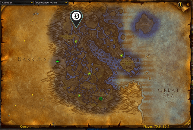 Map of Dustwallow Marsh, showing the exact location of elementals.