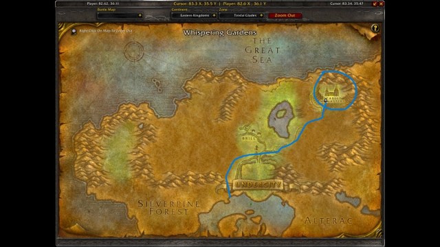 Map of Trisfal Glades in WoW with a path to Scarlet Monastery