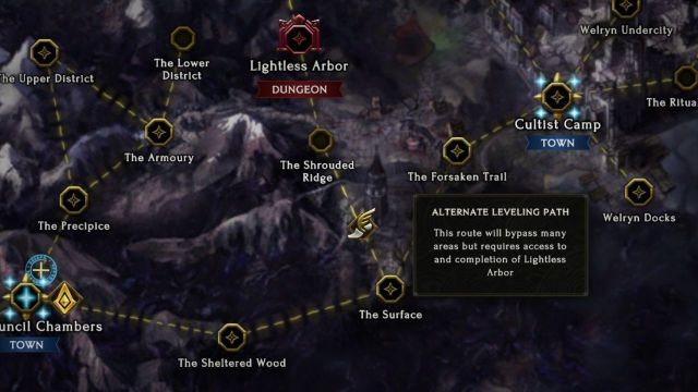 A screenshot of the Last Epoch map with the alternate leveling path of Lightless Arbor highlighted.