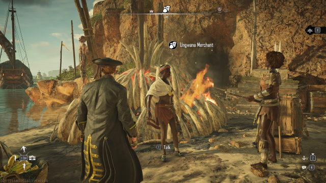 An Unqwana merchant standing on an outpost shore in Skull and Bones.