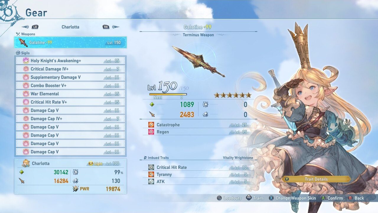 A screenshot of Charlotta's build in Granblue Fantasy Relink