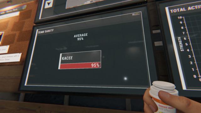 A player holding sanity medication while looking at the sanity screen in the truck in Phasmophobia.