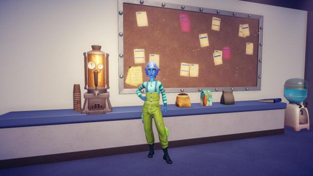 The player standing in front of the coffee machine and ingredients.