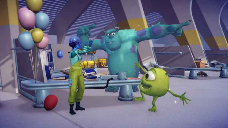 The player celebrating and dancing with Mike and Sulley.