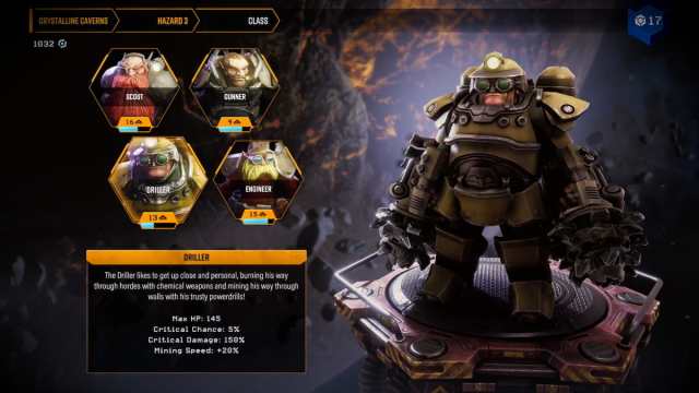 Deep Rock Galactic: Survivor class menu with the Driller selected.