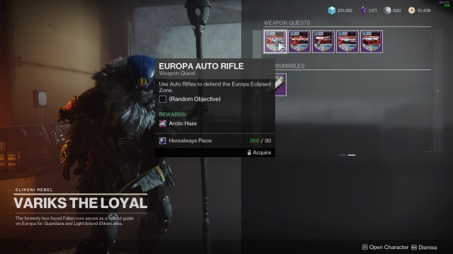 Variks from Destiny 2 presents a reward quest to the player.