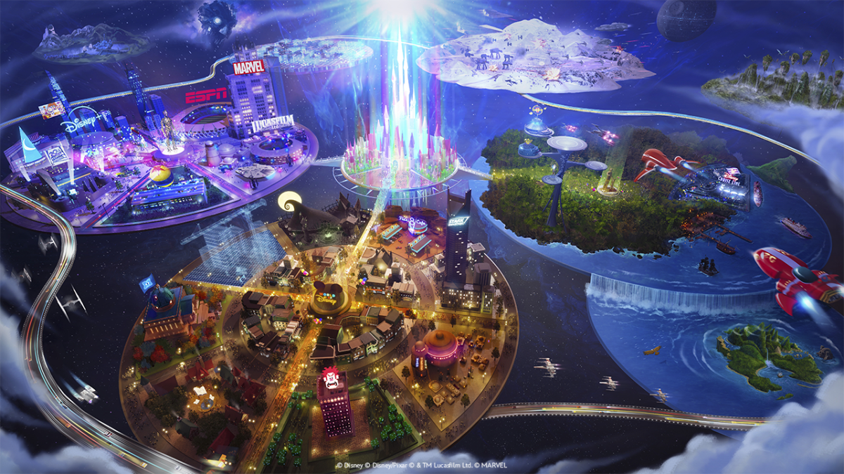 Disney Epic Games partnership promotional image showing islands connecting various Disney fanchises.