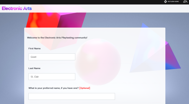 The Electronic Arts Playtesting intake form.