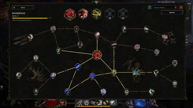A screenshot of the Shurikens specialization tree in Last Epoch showing most upgrades to the bottom of the tree.