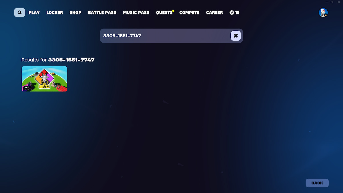 Fortnite map search screen