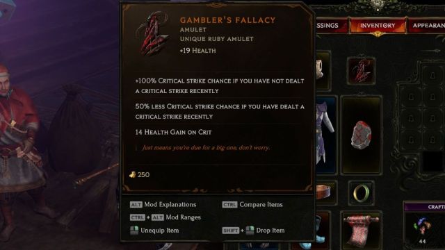 A screenshot of the Gambler's Fallacy amulet equipped in Last Epoch.