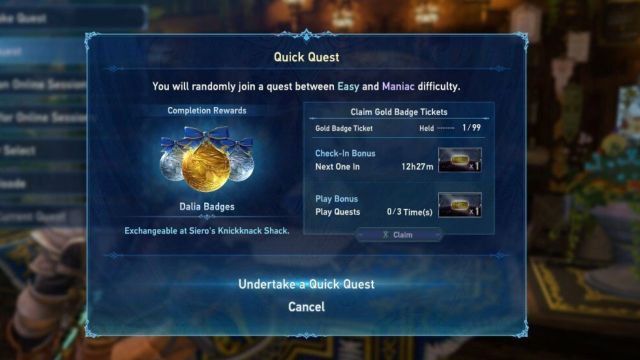 A screenshot of the Quick Quest Dalia Badge selection in Granblue Fantasy Relink