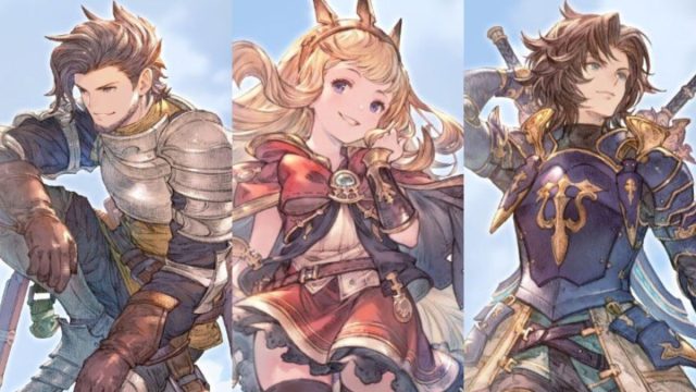 A split screen image showing Rackam, Cagliostro, and Lancelot side by side in Granblue Fantasy Relink