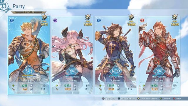 A screenshot of a party in Granblue Fantasy Relink showing Vane, Narmaya, Lancelot, and Siegfried.