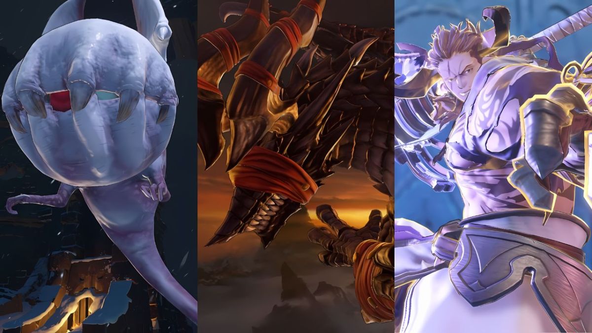 A split screen image showing Nazarbonju, Proto Bahamut, and Gallanza in Granblue Fantasy Relink