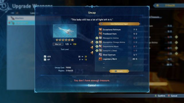 A screenshot of the weapon upgrades menu showing the Damascus Ingot prompt in Relink.