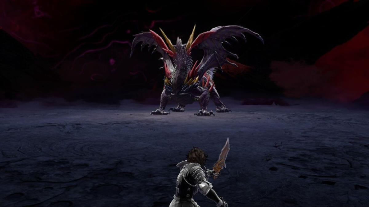A screenshot of Lancelot staring at Evyl Blackwyrm in Granblue Fantasy Relink