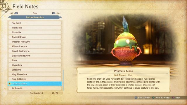 A screenshot of the Granblue Fantasy Field Notes showing the Prismatic Slime entry.