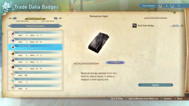 A screenshot of Siero's Knickknack Shop showing the trade of Gold Dalia Badges for Dasmascus Ingots.