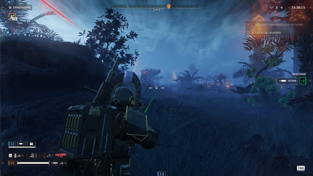 Automatons cresting a hill and charging at a Helldivers 2 player on Malevelon Creek.