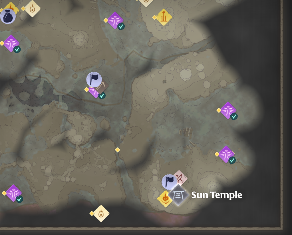 The Enshrouded map showing the location of the Sun Temple with the Ghost Glider.