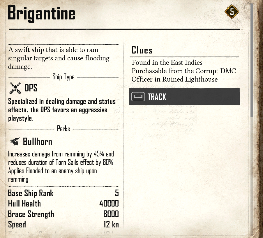 Description page of a ship in Skull and Bones' codex.