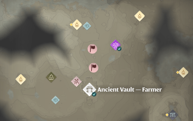 A map showing the Ancient Vault—Farmer with two markers north of it.