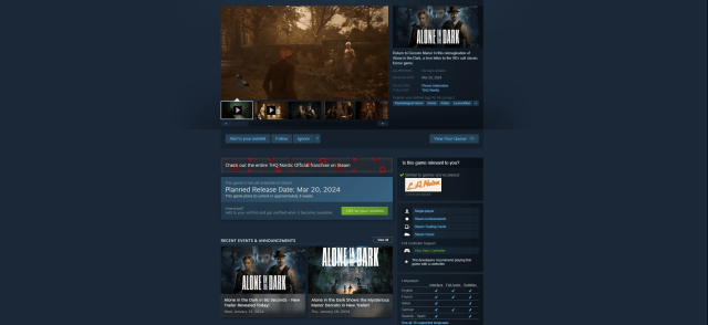 The Steam page for Alone in the Dark