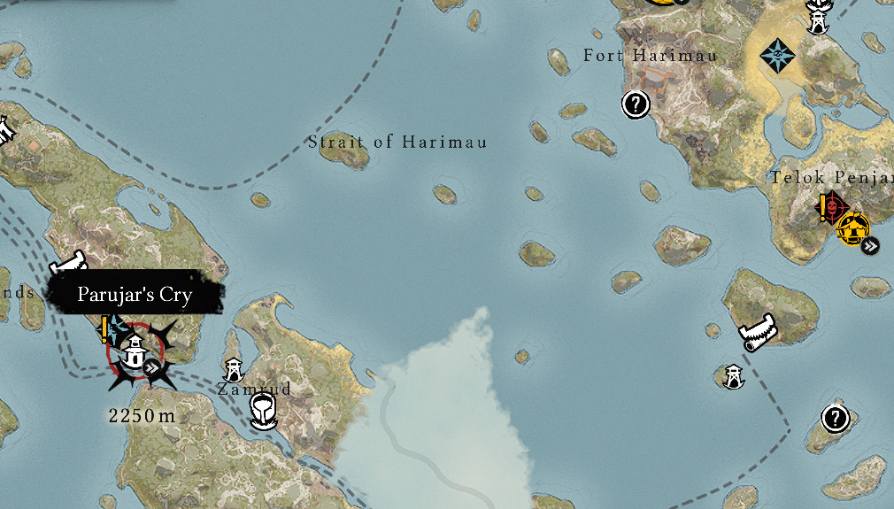 Map of Skull and Bones' East Indies region with Parujar's Cry Outpost highlighted.