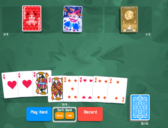 A Blind of Balatro with three cards converted into hearts.
