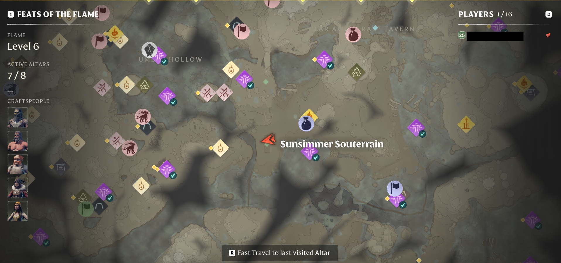 The Enshrouded map showing the location of Sunsimmer Souterrain, left of the Kindlewastes Ancient Spire.