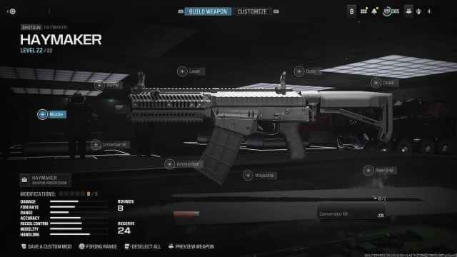 The Haymaker gunsmith page in MW3 with no attachments added.