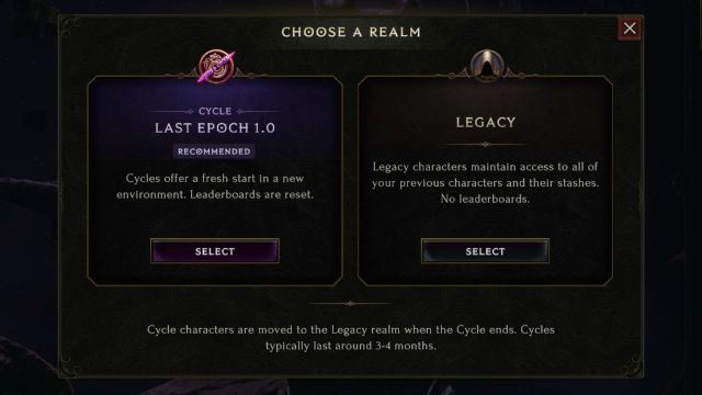Choosing between the Cycle and Legacy realms in Last Epoch