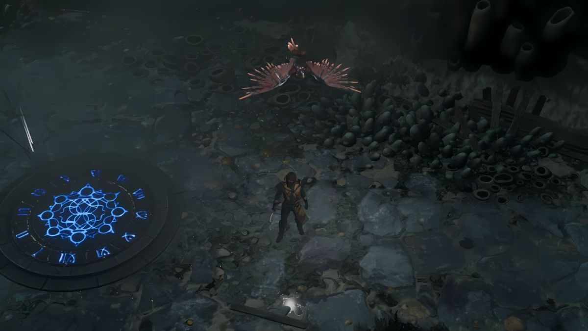 A screenshot of the Falconer in Last Epoch standing next to a portal with her falcon flying above her.
