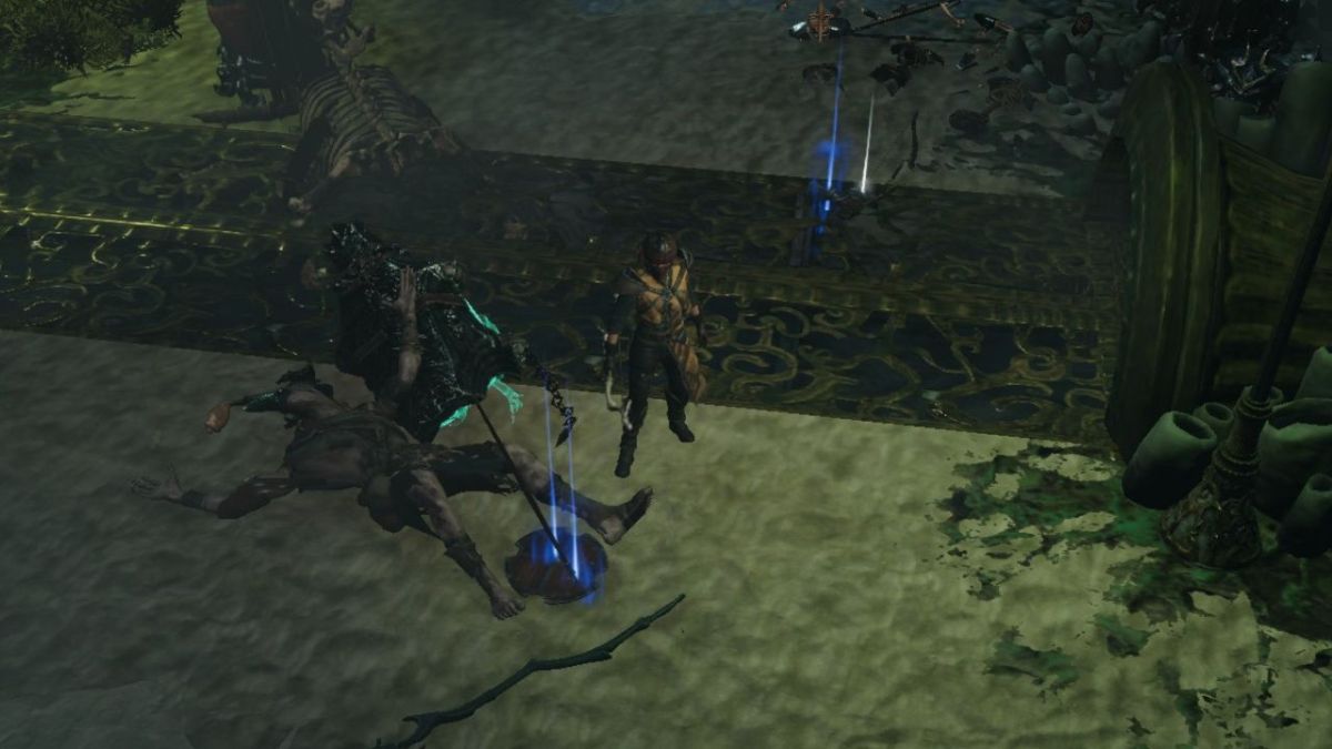 A screenshot of a Falconer in Last Epoch surrounded by loot with no name tags due to a loot filter.