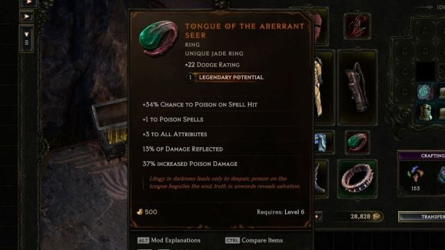 A screenshot of a Unique Ring with legendary potential in Last Epoch.