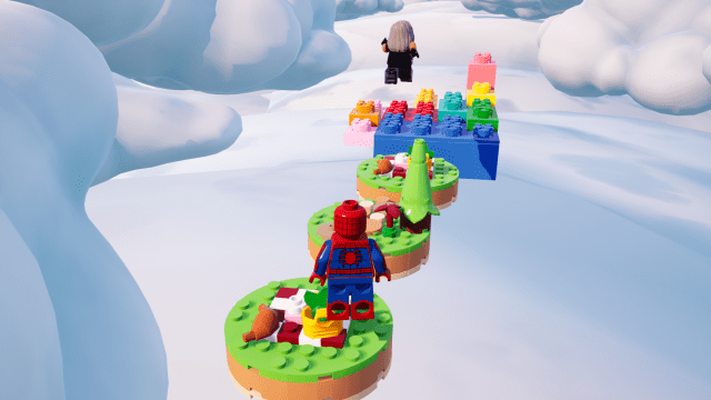 LEGO Fortnite players on floating platforms in the LEGO Obby Fun obstacle course.