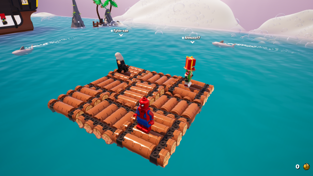 LEGO Fortnite Raft Survival players on a raft in shark-infested waters.