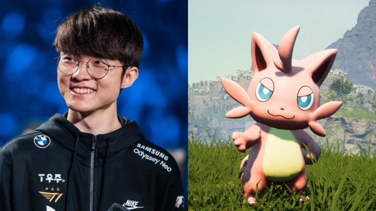 Faker (left) on stage at Worlds, and a Pal (right) standing on grass.