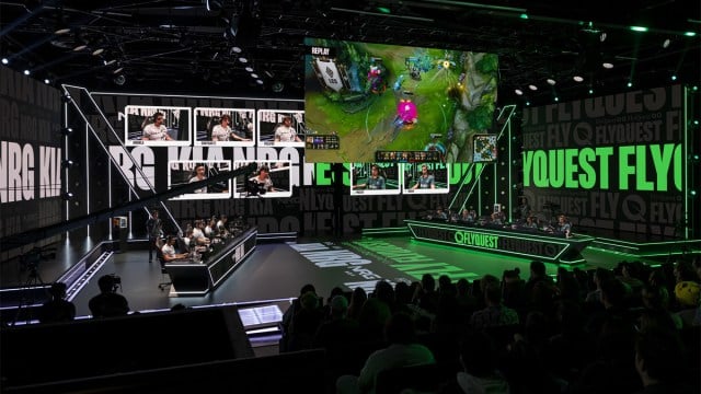 FlyQuest and NRG battle on-stage in front of fans in the LCS 2024 Spring Split regular season.