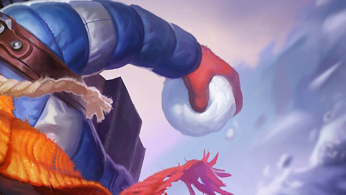 An unknown League of Legends champion holds a snowball.