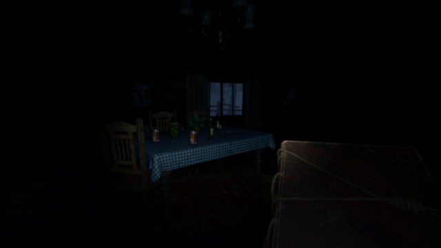 The player using a head gear Flashlight while looking at a dining table in phasmophobia.