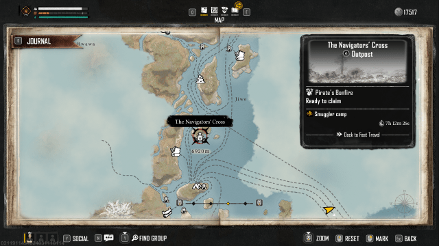 Navigators' Cross outpost marked on the map in Skull and Bones.