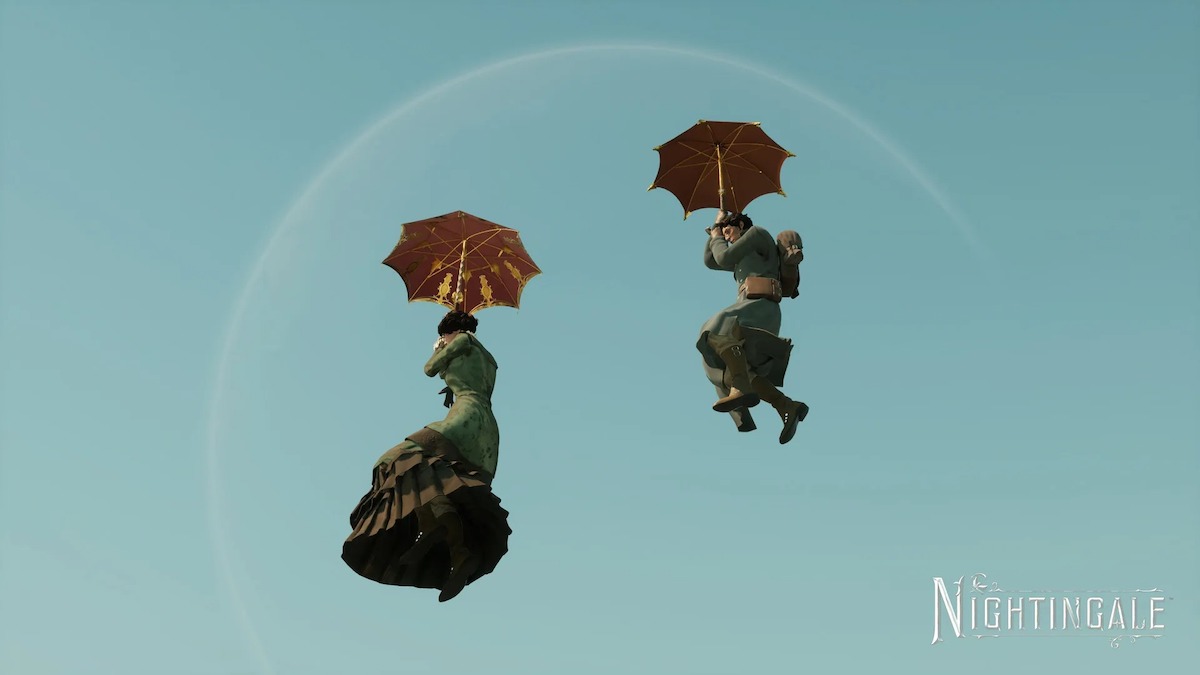 An image of two players gliding with umbrellas in Nightingale