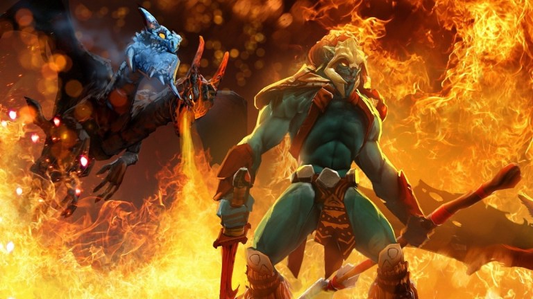 Dota 2's Huskar and Jakiro standing around flames.